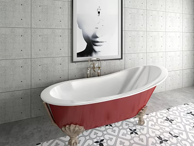 White Interior Red Exterior Bathtub With Gold Feet Gray Wall Black White Painting Patterned Floor 3d model