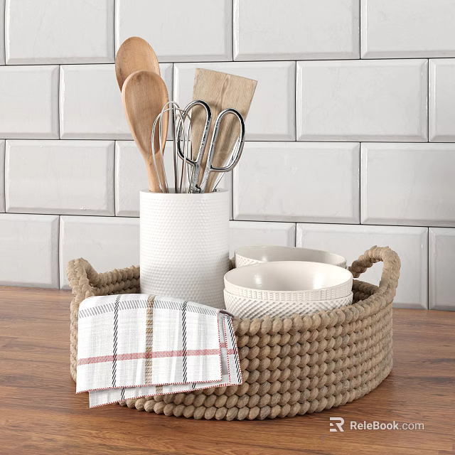 Kitchen Utensils In Woven Basket With Wooden Spoons Scissors And Plaid Cloth On Wooden Tabletop 3d model 