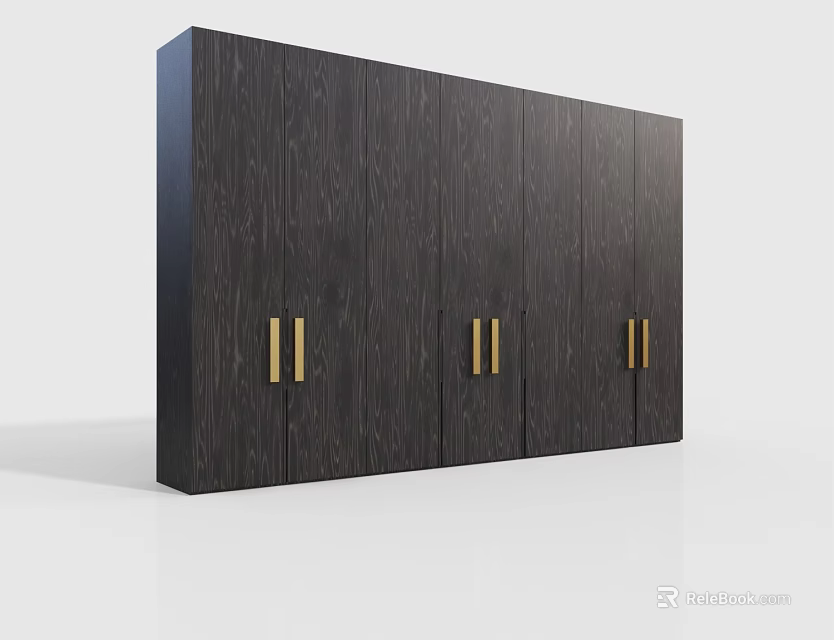 Modern Dark Wood Wardrobe With Gold Handles And Multi Door Design 3d model 