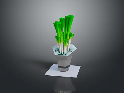 Fresh Green Onions In Geometric Shaped Pot On White Square Mat 3d model