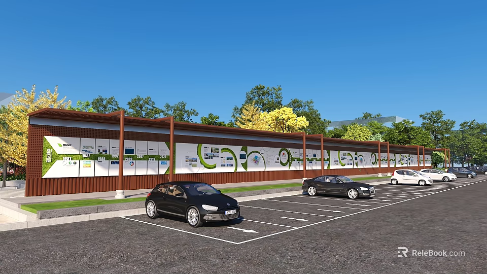Landscaped Garden Wall With Greenery And Parking Area For Cars 3d model 