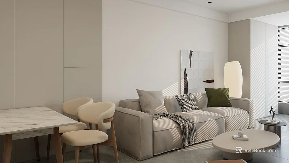 Modern Living Dining Room Interior With Light Colored Sofa Chairs Pillows And Decorative Painting 3d model 