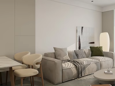 Modern Living Dining Room Interior With Light Colored Sofa Chairs Pillows And Decorative Painting 3d model