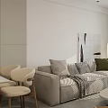 Modern Living Dining Room Interior With Light Colored Sofa Chairs Pillows And Decorative Painting