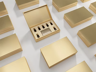 Luxury Perfume Cosmetics Packaging With Gold Boxes And Open Case Containing Small Bottles 3d model