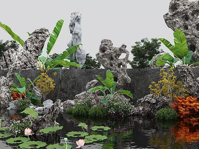 Rockery Stones In Garden Landscape With Pond Lotus Flowers Banana Leaves And Colorful Plants 3d model