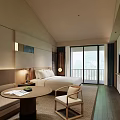 Modern Minimalist Hotel Room Interior With King Bed White Bedding And Carpet
