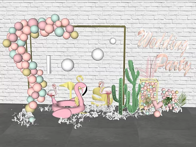 Pink Flamingo and Green Cactus Inflatable Decorations for Wedding Party with Balloon Arch Golden Frame 3d model
