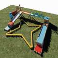 Outdoor Kids Playground Equipment With Wooden Climbing Structures And Colorful Slides On Grass