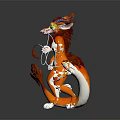 Game Movie Fantasy Character Orange Horned Long Tailed With White Fur Green Eyes Holding Ropes