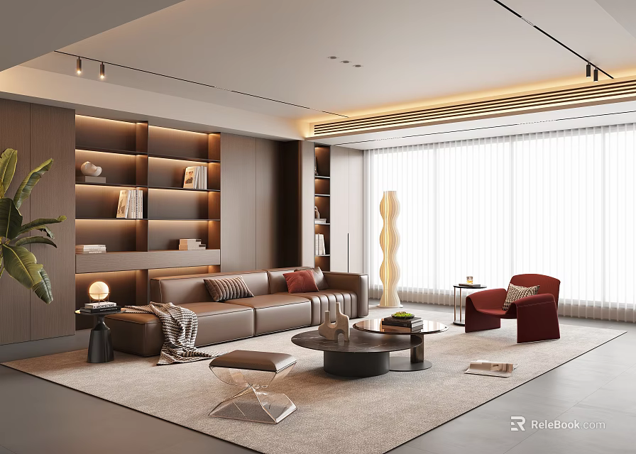 Modern Living Room Interior With Brown Sofa Red Armchair Bookshelves Floor Lamp And Coffee Table 3d model 