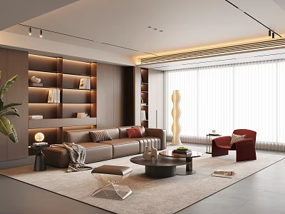 Modern Living Room Interior With Brown Sofa Red Armchair Bookshelves Floor Lamp And Coffee Table 3d model