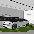 Modern Car Showroom With White ZEEKR Car Green Grass Area And Wheel