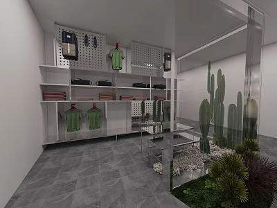 Modern Clothing Store Interior With White Shelves Green Blue Clothes And Cactus Decorations 3d model
