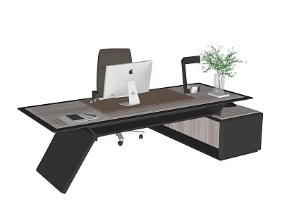 Modern Office Desk With Computer Lamp Green Plant Wooden Top And Drawer Cabinet 3d model