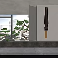 Garden Ornaments with Pine Tree Stones and Hanging Decor in Modern Indoor Window Space