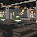 Industrial Restaurant Interior With Wooden Tables Hanging Lights Decorative Paintings And Windows