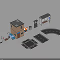 Small House Bus Stop In 3D Model Scene With Road Car Trash Can Umbrella