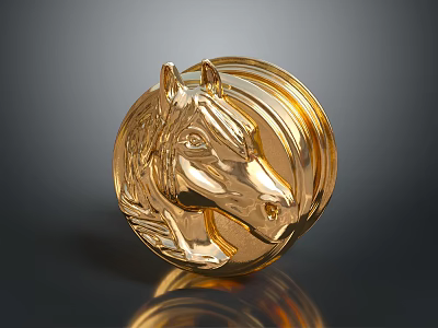 Golden Horse Head Design Round Metallic Chandelier With Shiny Surface And Dark Background 3d model