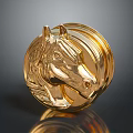 Golden Horse Head Design Round Metallic Chandelier With Shiny Surface And Dark Background