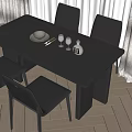 Modern Gray Dining Table Set With Black Chairs And Tableware Glassware