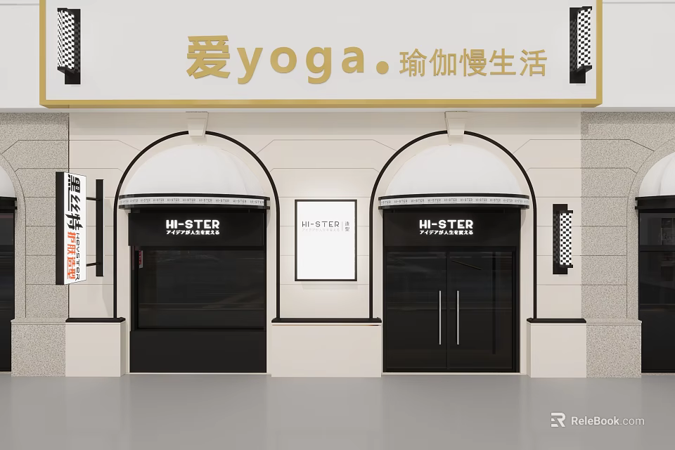 Elegant Beauty Hair Salon Exterior With Double Arches Black Doors And Golden Signage 3d model 