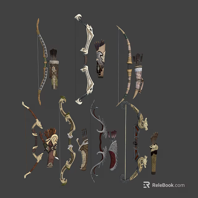 Traditional Bow and Arrow Weapons Showcasing Various Crafted Designs and Ornate Details 3d model 