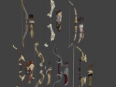 Traditional Bow and Arrow Weapons Showcasing Various Crafted Designs and Ornate Details 3d model