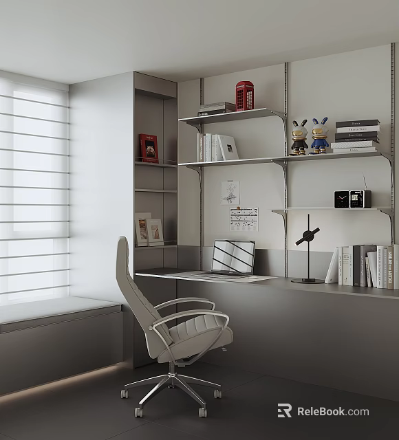 Modern Home Office Desk With White Chair Shelves Books Laptop Desk Lamp And Rabbit Toys 3d model 