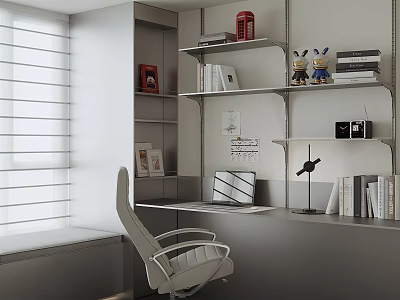 Modern Home Office Desk With White Chair Shelves Books Laptop Desk Lamp And Rabbit Toys 3d model