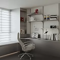 Modern Home Office Desk With White Chair Shelves Books Laptop Desk Lamp And Rabbit Toys