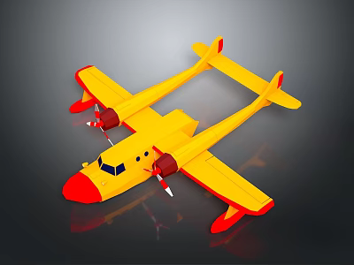 Yellow Seaplane Toy with Red Accents and Dual Propellers Design Model 3d model