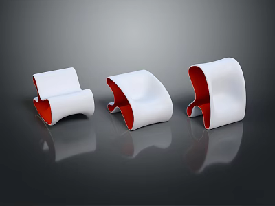 Modern Single Chairs With Curved White Exterior And Red Interior On Black Reflective Background 3d model