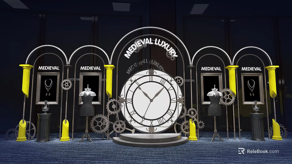 Medieval Luxury Photo Spot With Arch Large Clock Gear Decorations Mannequins And Jewelry Displays 3d model 