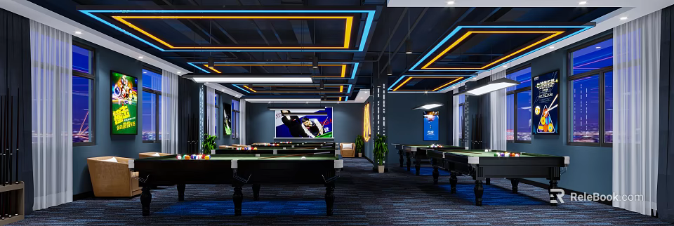 Modern Billiard Room Interior With Multiple Tables Ceiling Lighting And Decorative Plants 3d model