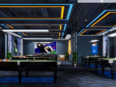 Modern Billiard Room Interior With Multiple Tables Ceiling Lighting And Decorative Plants 3d model