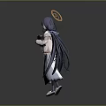 Game Character With Long Blue Hair Golden Halo Pink Coat White Pleated Skirt Holding Book