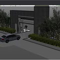 Modern Entrance Gate With Landscaped Bushes Car And People At Entrance