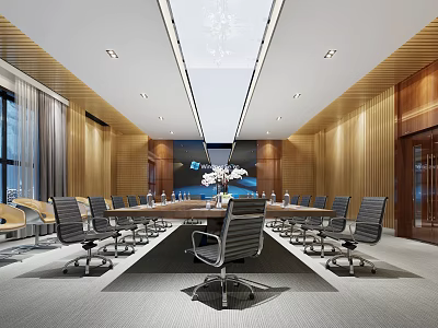 Modern Conference Room Interior Design With Long Meeting Table Ergonomic Chairs Wooden Panel Walls And Ceiling Lights 3d model