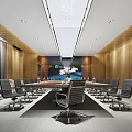 Modern Conference Room Interior Design With Long Meeting Table Ergonomic Chairs Wooden Panel Walls And Ceiling Lights