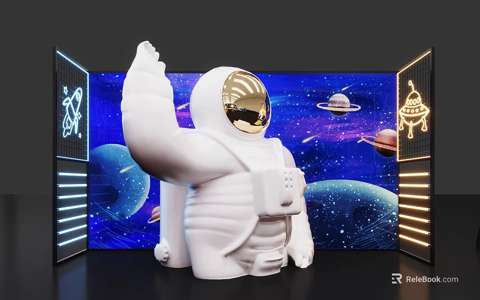 White Astronaut Sculpture With Raised Arm In Starry Space And Lighted Panels 3d model 