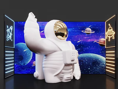 White Astronaut Sculpture With Raised Arm In Starry Space And Lighted Panels 3d model