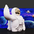 White Astronaut Sculpture With Raised Arm In Starry Space And Lighted Panels