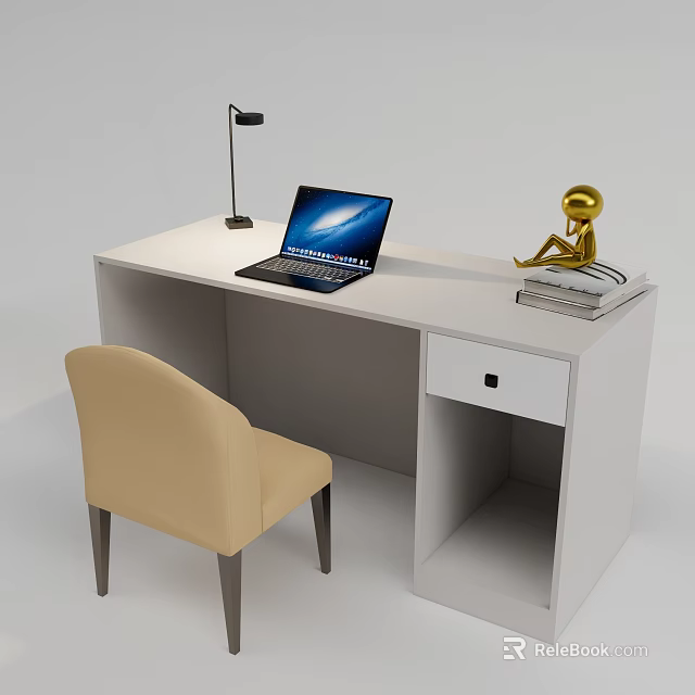 Modern White Desk Interior With Laptop Table Lamp Golden Statue And Beige Chair 3d model 