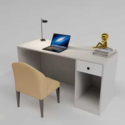 Modern White Desk Interior With Laptop Table Lamp Golden Statue And Beige Chair 3d model