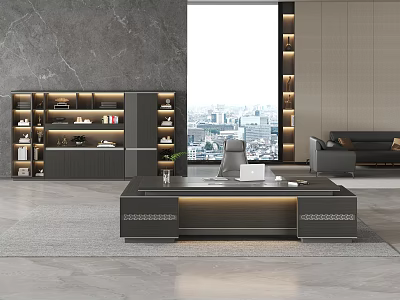 Modern Office Desk With Large Window City View Bookshelf And Sofa 3d model