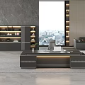 Modern Office Desk With Large Window City View Bookshelf And Sofa