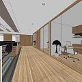 Modern Public Office Space With Open Layout Wooden Flooring Ceiling Design And Workstations 3d model