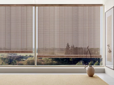 Stylish Window Blinds Enhancing Living Room Interior With Scenic Green Landscape And Floor Vase 3d model