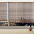 Stylish Window Blinds Enhancing Living Room Interior With Scenic Green Landscape And Floor Vase
